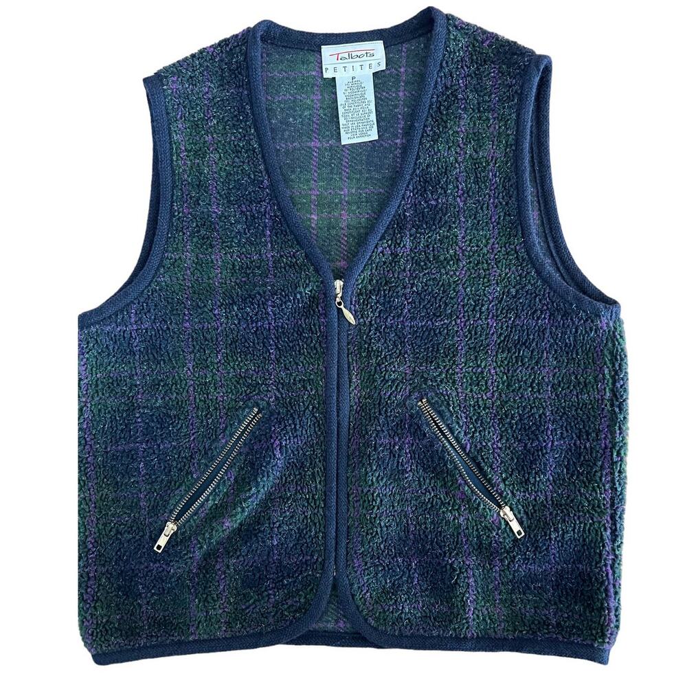 VTG Talbots Petites Purple & Green Tartan Plaid Fleece Zipper Vest w/‎ Pockets P